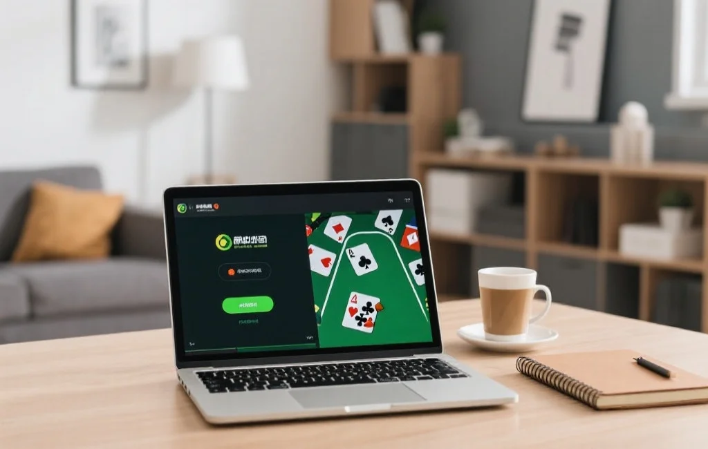 现代家庭书房环境，一台笔记本电脑屏幕上正在安装扑克游戏平台，旁边摆放着咖啡杯和笔记本
